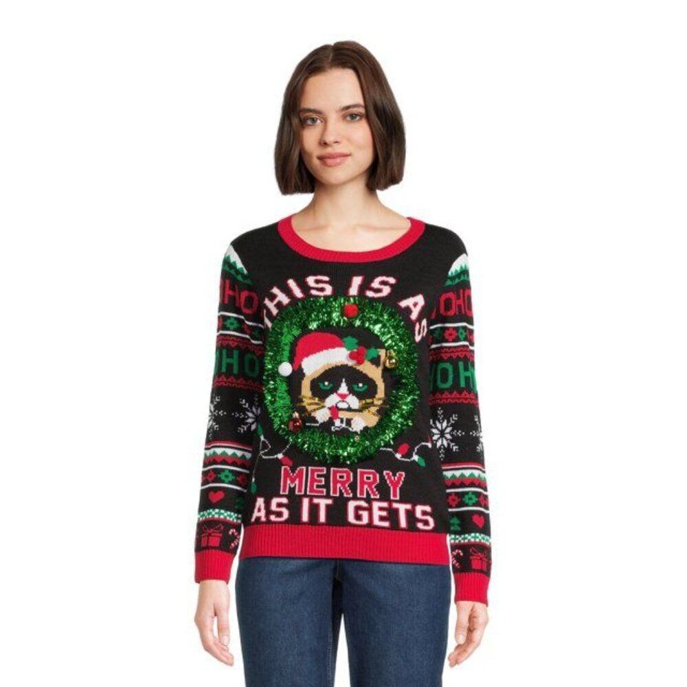 No Boundaries Juniors Grumpy Cat Ugly Christmas Sweater Midweight Size XXL